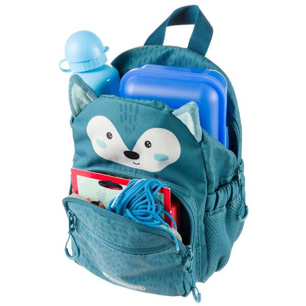 Türkisfarbener Kinderrucksack mit Fuchsgesicht-Design, vordere Tasche mit einem Notizbuch und blauem Seil, gefüllt mit einer blauen Wasserflasche und einem Lunchbehälter.