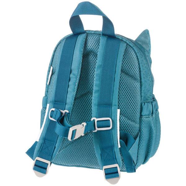 Türkisfarbener Kinderrucksack von hinten gezeigt, mit gepolsterten Schultergurten, oberer Griffschlaufe, Seitentaschen und verstellbarem Brustgurt.