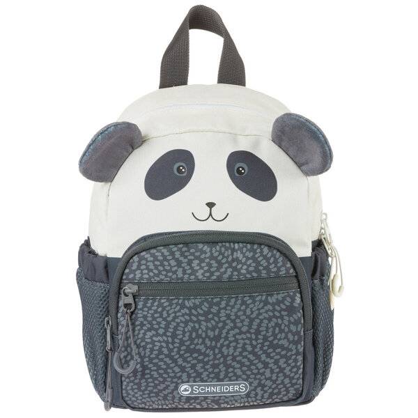 Kleiner Rucksack mit Panda-Motiv, weißem oberen Teil, grauer gemusterter Vordertasche und Tragehenkel.