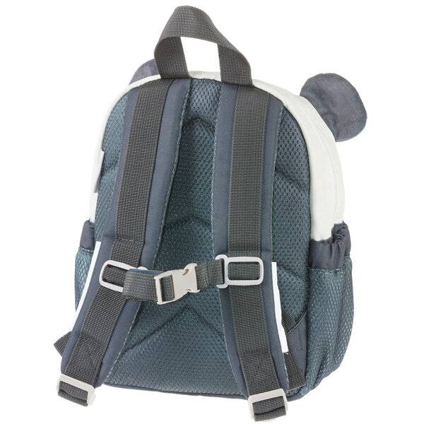 Kleiner blauer Kinderrucksack mit Bärenohren, von hinten auf weißem Hintergrund dargestellt.