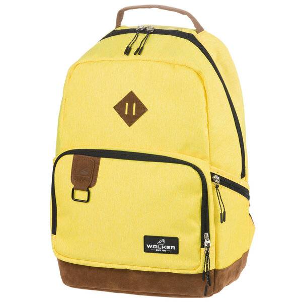 Gelber Rucksack mit brauner Basis und Besatz, vordere Reißverschlusstasche, Griffschlaufe oben und WALKER-Logo-Patch auf der Vorderseite.