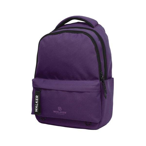 Violetter Rucksack mit Vordertasche und Tragegriff, auf weißem Hintergrund abgebildet.