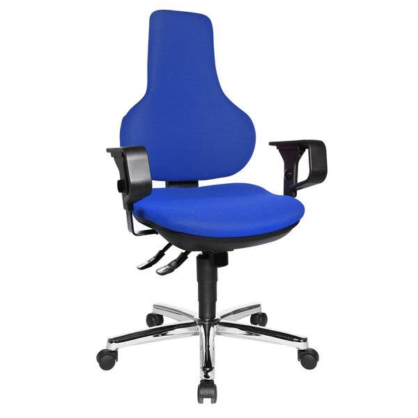 Blauer ergonomischer Drehbürostuhl mit Armlehnen, verstellbarem Sitz und verchromter fünfrädriger Basis auf weißem Hintergrund.
