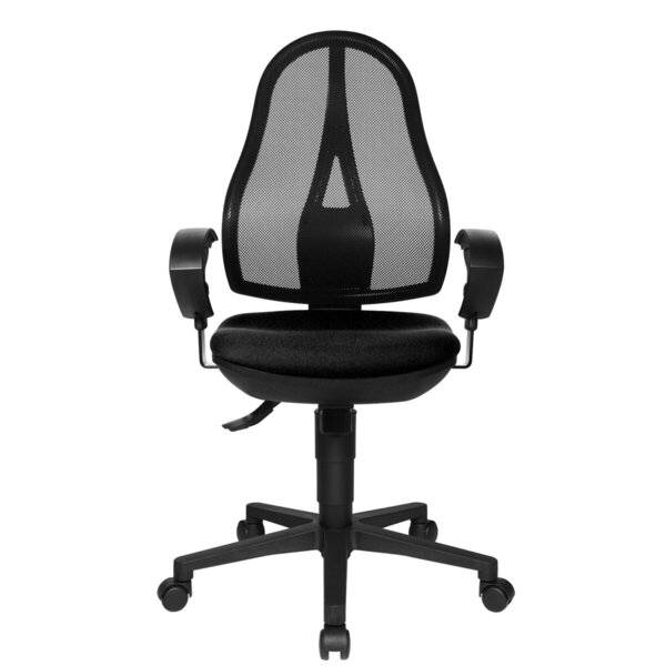 Schwarzer ergonomischer Bürostuhl mit Netzrückenlehne, gepolstertem Sitz, Armlehnen und fünfrädrigem Fuß auf weißem Hintergrund