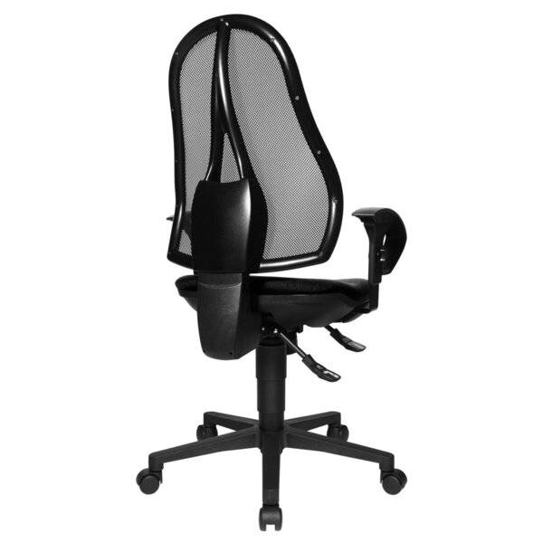 Schwarzer ergonomischer Bürostuhl mit Netzrückenlehne, verstellbaren Armlehnen, fünfzackiger Basis und Rollen auf weißem Hintergrund.