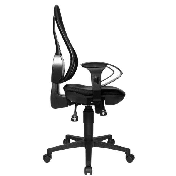 Schwarzer ergonomischer Bürostuhl mit Netzrückenlehne, Armlehnen, verstellbarer Sitzhöhe und fünfrädrigem Untergestell auf weißem Hintergrund