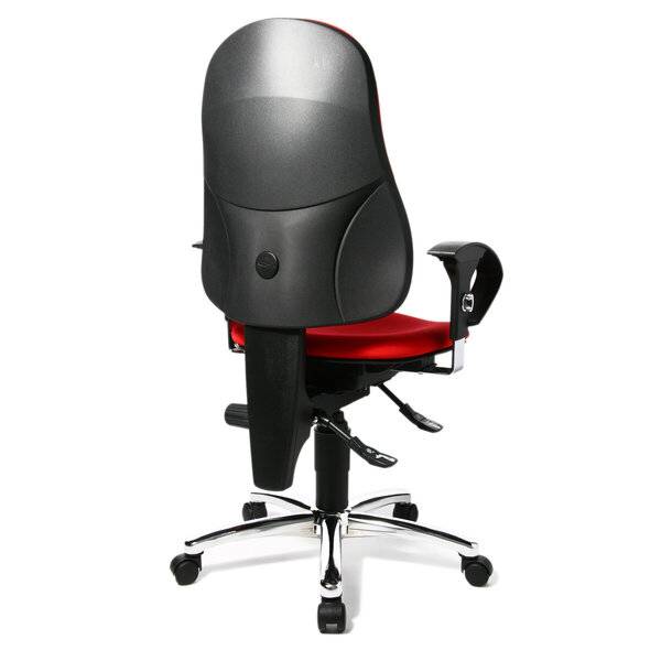 Schwarzer ergonomischer Bürostuhl mit rotem Sitz, Armlehnen und fünfrädriger Chrombasis auf weißem Hintergrund.