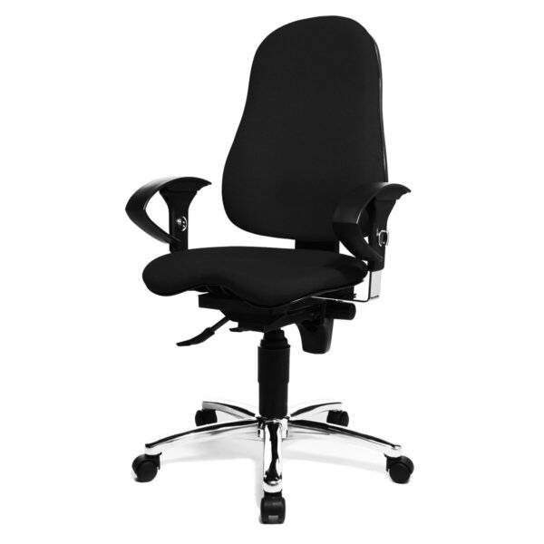 Schwarzer ergonomischer Bürostuhl mit Drehfunktion, gepolstertem Sitz, verstellbaren Armlehnen und fünfrädriger Chrombasis auf weißem Hintergrund