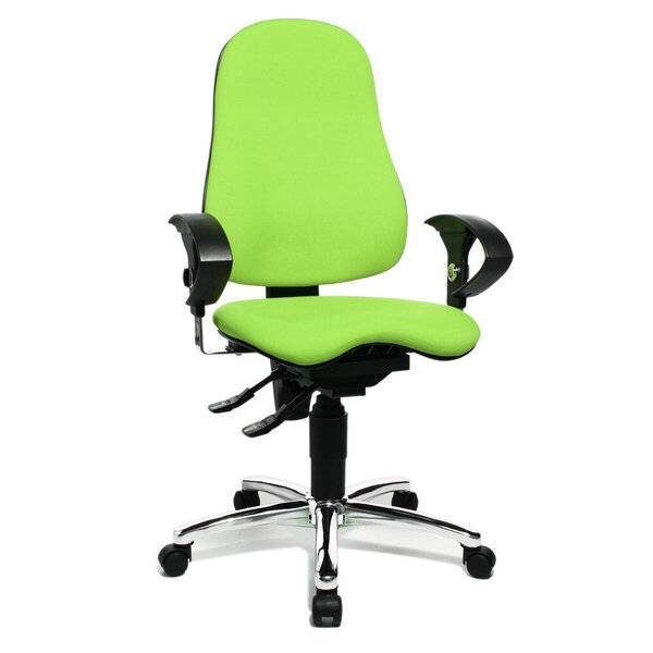 Hellgrüner ergonomischer Bürostuhl mit schwarzen Armlehnen und Chromfuß auf Rollen, dargestellt vor weißem Hintergrund.