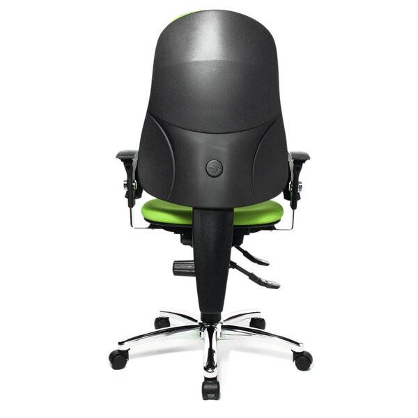 Schwarzer ergonomischer Bürostuhl mit grünem Sitzkissen, verstellbaren Armlehnen und verchromtem fünfrädrigem Fußkreuz, von hinten abgebildet.