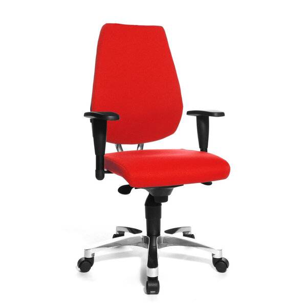 Roter Bürodrehstuhl mit schwarzen Armlehnen und silberner Fünf-Rad-Basis auf weißem Hintergrund.