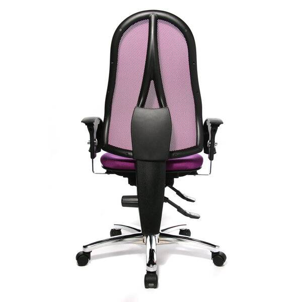 Schwarzer Bürostuhl mit violettem Netzrücken und Sitz, verstellbaren Armlehnen, Chrombasis und fünf Rollen auf weißem Hintergrund.