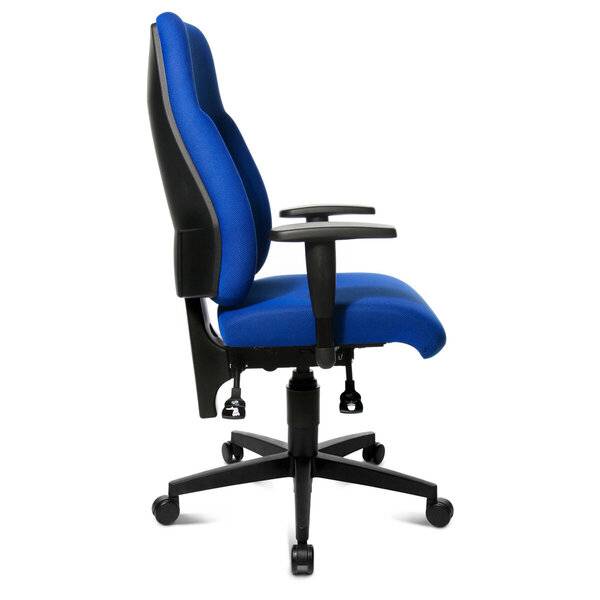 Blauer und schwarzer ergonomischer Bürostuhl in Seitenansicht, mit Armlehnen, verstellbarer Basis und fünf Lenkrollen auf weißem Hintergrund.