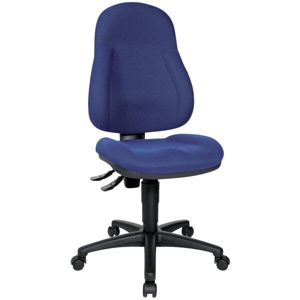 Blauer Bürodrehstuhl mit gepolstertem Sitz und Rückenlehne, schwarzer Basis und Rollen, auf weißem Hintergrund.