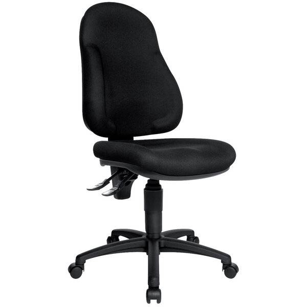 Schwarzer ergonomischer Drehbürostuhl mit gepolstertem Sitz, hoher Rückenlehne, verstellbarer Höhe und fünfrädrigem Fuß auf weißem Hintergrund