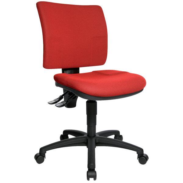 Roter ergonomischer Bürostuhl mit Rückenlehne, gepolstertem Sitz, verstellbarer Höhe und rollbarem Fünfstern-Untergestell.
