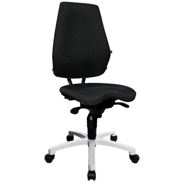 Schwarzer ergonomischer Bürostuhl mit verstellbarer Rückenlehne, gepolstertem Sitz und weiße fünfstöckige Räder auf weißem Hintergrund.