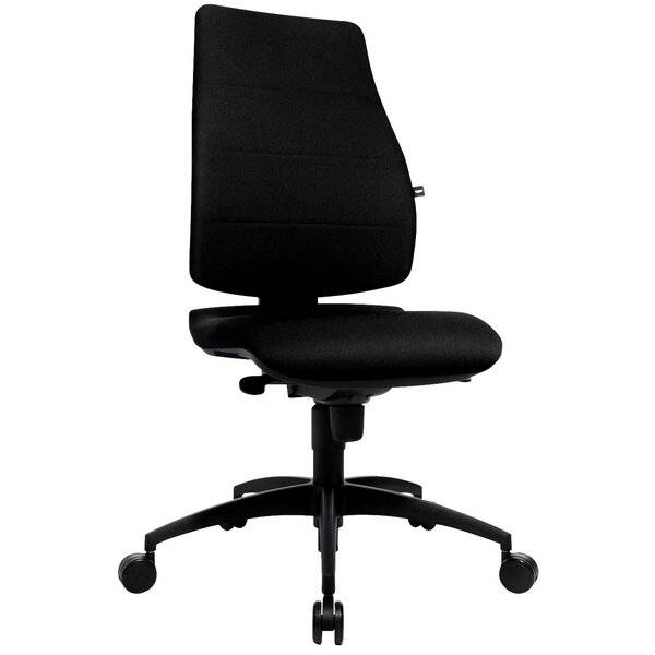 Schwarzer ergonomischer Bürostuhl mit gepolstertem Sitz, hoher Rückenlehne und rädriger fünfzackiger Basis auf weißem Hintergrund.