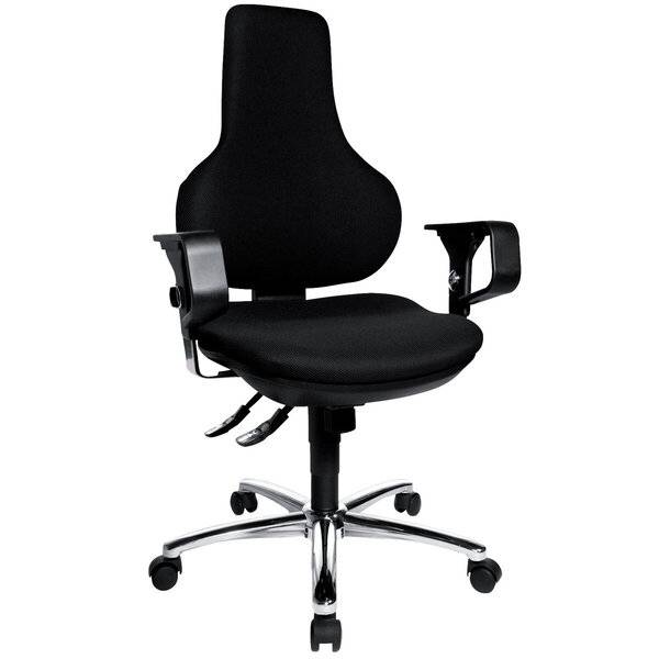 Schwarzer ergonomischer Bürostuhl mit Armlehnen, verstellbarer Höhe und fünfrädrigem Chromsockel auf weißem Hintergrund.