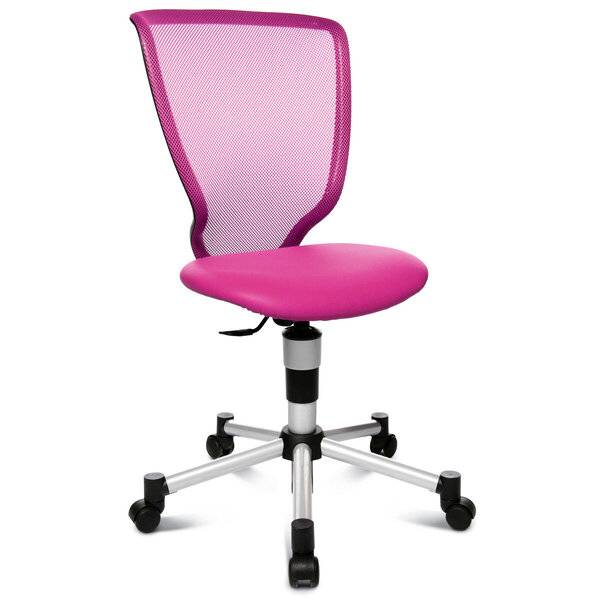 Rosa Mesh-Bürostuhl mit gepolstertem Sitz, verstellbarer Basis und fünf Lenkrollen auf weißem Hintergrund.
