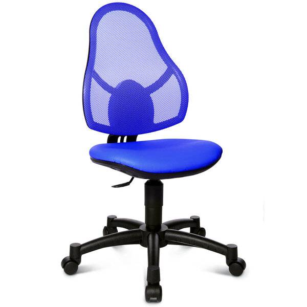 Blauer Mesh-Bürostuhl mit gepolstertem Sitz, schwarzer verstellbarer Basis und fünf Rollen auf weißem Hintergrund.