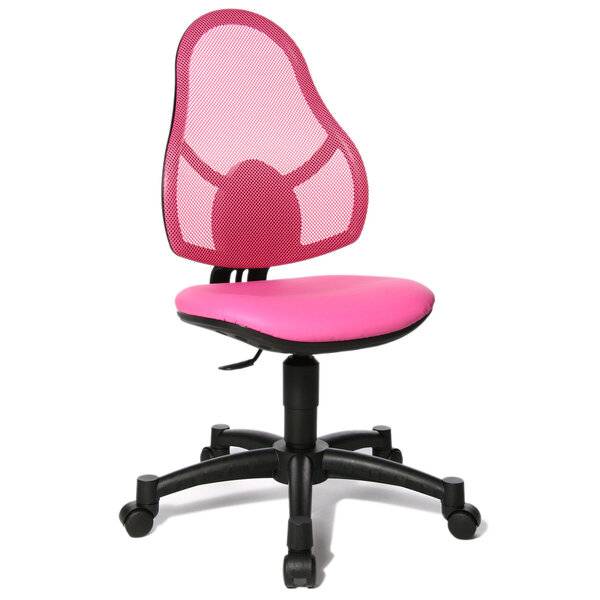 Rosa und schwarzer Netzstoff-Bürostuhl mit verstellbarem Sitz und fünfrädrigem Untergestell auf weißem Hintergrund.