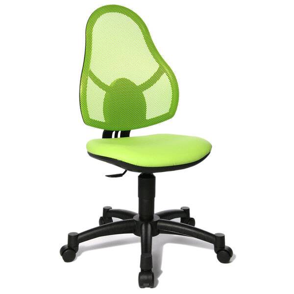 Grüner Mesh-Bürostuhl mit gepolstertem Sitz, schwarzer verstellbarer Basis und fünf Rollen auf weißem Hintergrund.
