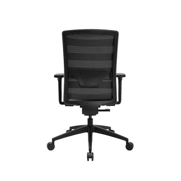 Schwarzer Mesh-Bürostuhl von hinten gezeigt, mit Armlehnen, fünfzackiger Rollensockel und verstellbarer Sitzhöhe.