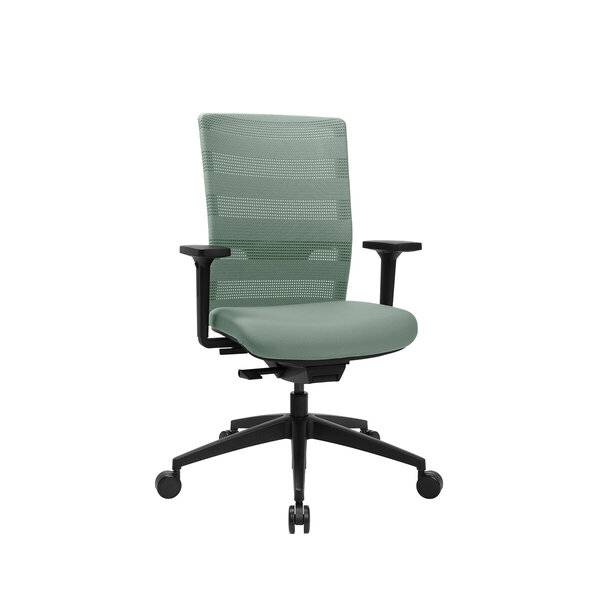 Grüner Mesh-Bürostuhl mit ergonomischem Drehgestell, Armlehnen, fünfstufiger Rollen-Basis und gepolstertem Sitz auf weißem Hintergrund.