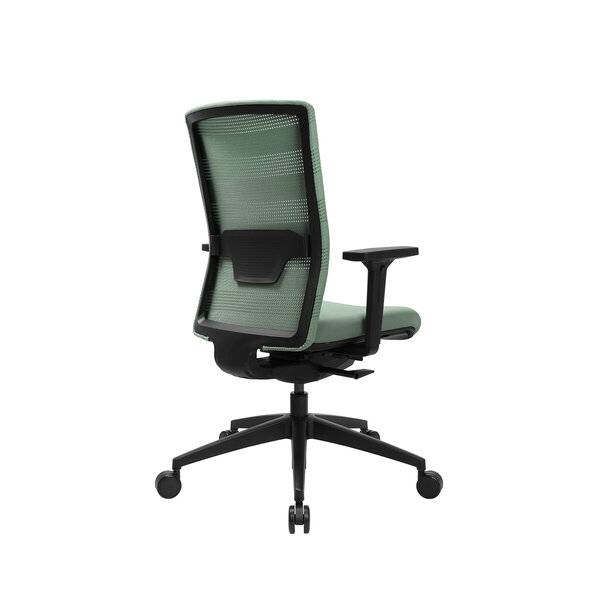 Grüner Mesh-Ergonomie-Bürostuhl mit schwarzem Rahmen, Armlehnen und fünfrädriger Basis auf weißem Hintergrund.