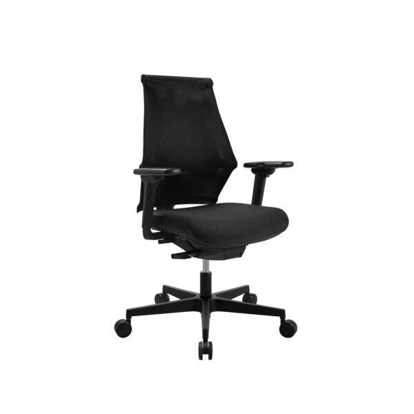 Schwarzer ergonomischer Bürostuhl mit verstellbaren Armlehnen, Netzrückenlehne, gepolstertem Sitz und fünfrädrigem Untergestell auf weißem Hintergrund.
