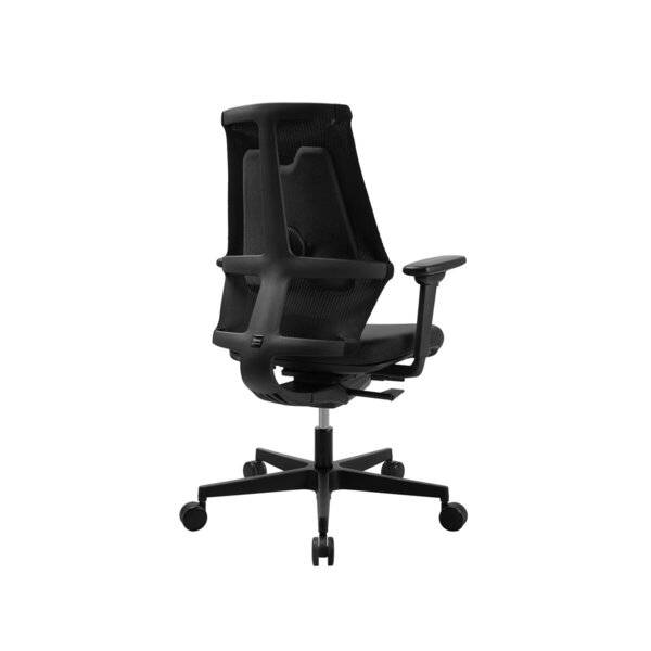 Schwarzer ergonomischer Bürostuhl aus Mesh mit verstellbaren Armlehnen und fünfzackiger Rollenbasis auf weißem Hintergrund.