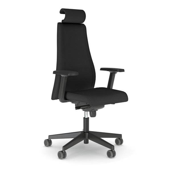Schwarzer ergonomischer Bürostuhl mit Kopfstütze, Armlehnen und fünfrädrigem Fuß auf weißem Hintergrund.