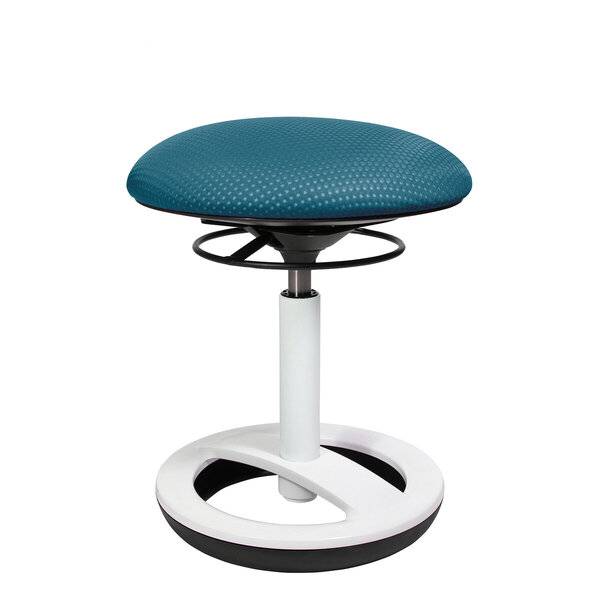 Verstellbarer Hocker mit blauem gepolstertem Sitz, schwarzem Federmechanismus, weißem Mittelpfosten und runder schwarz-weißer Basis.