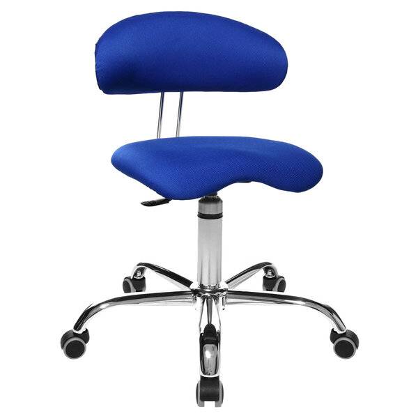 Blauer ergonomischer Drehstuhl mit geteilter Rückenlehne, verstellbarem Sitz und fünfrädrigem Chrombasis auf weißem Hintergrund