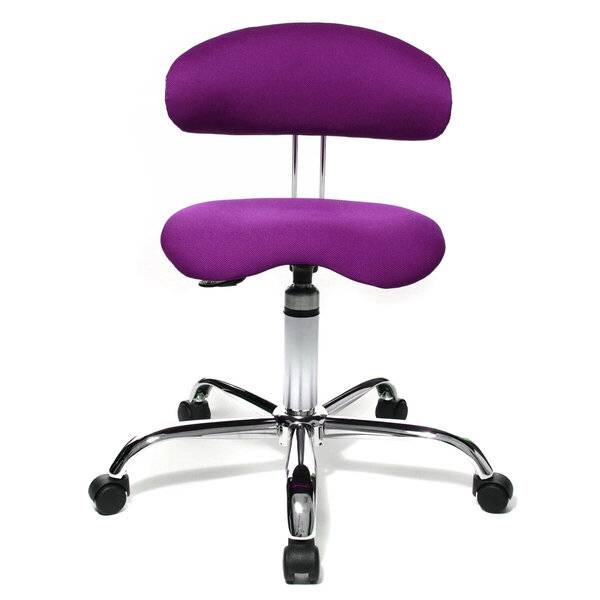Violetter ergonomischer Drehstuhl mit verstellbarer Rückenlehne und Sitz, Chrom-Gestell und Rollen auf weißem Hintergrund.