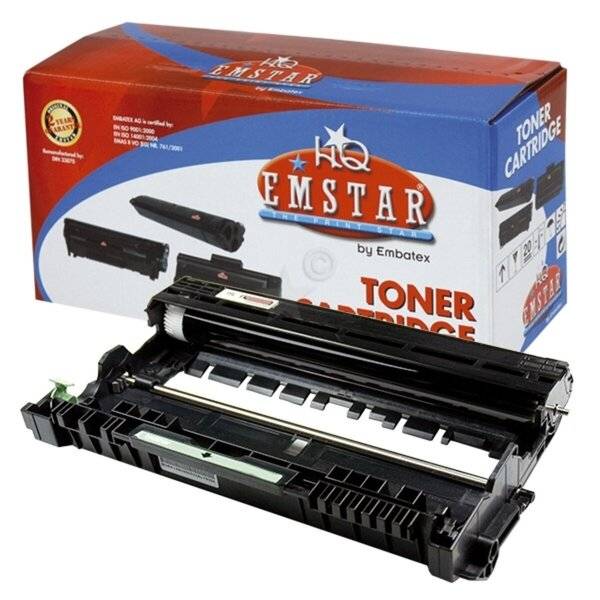 Schwarze Druckertonerkassette vor einer HQ Emstar Tonerkassetten-Box auf weißem Hintergrund.