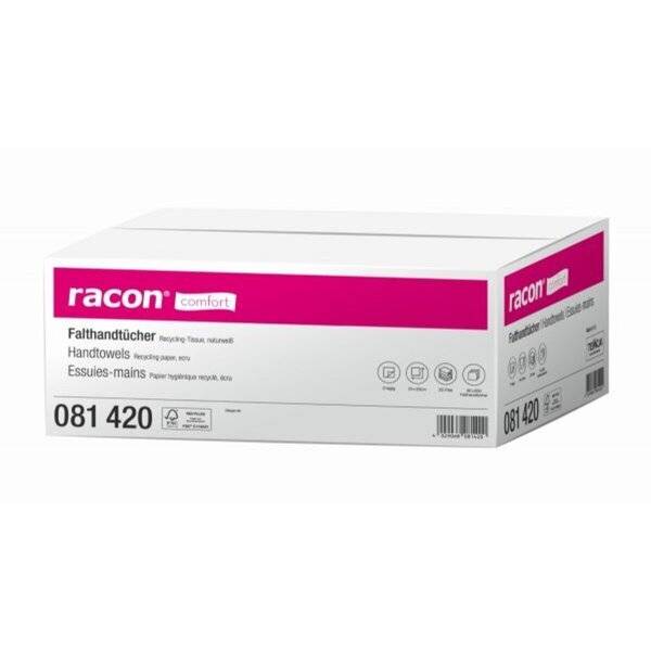 Karton mit Racon Comfort Faltpapiertüchern, weiße und magentafarbene Verpackung mit Produktname und Artikelnummer 081 420 auf der Vorderseite.