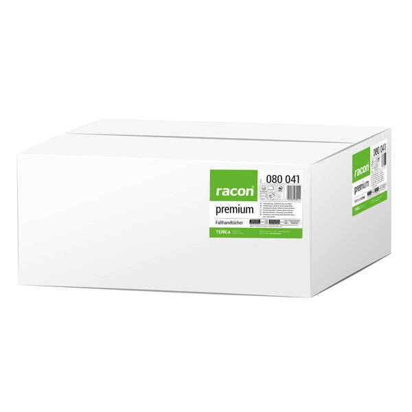 Weiße rechteckige Produktverpackung mit der Aufschrift „racon premium