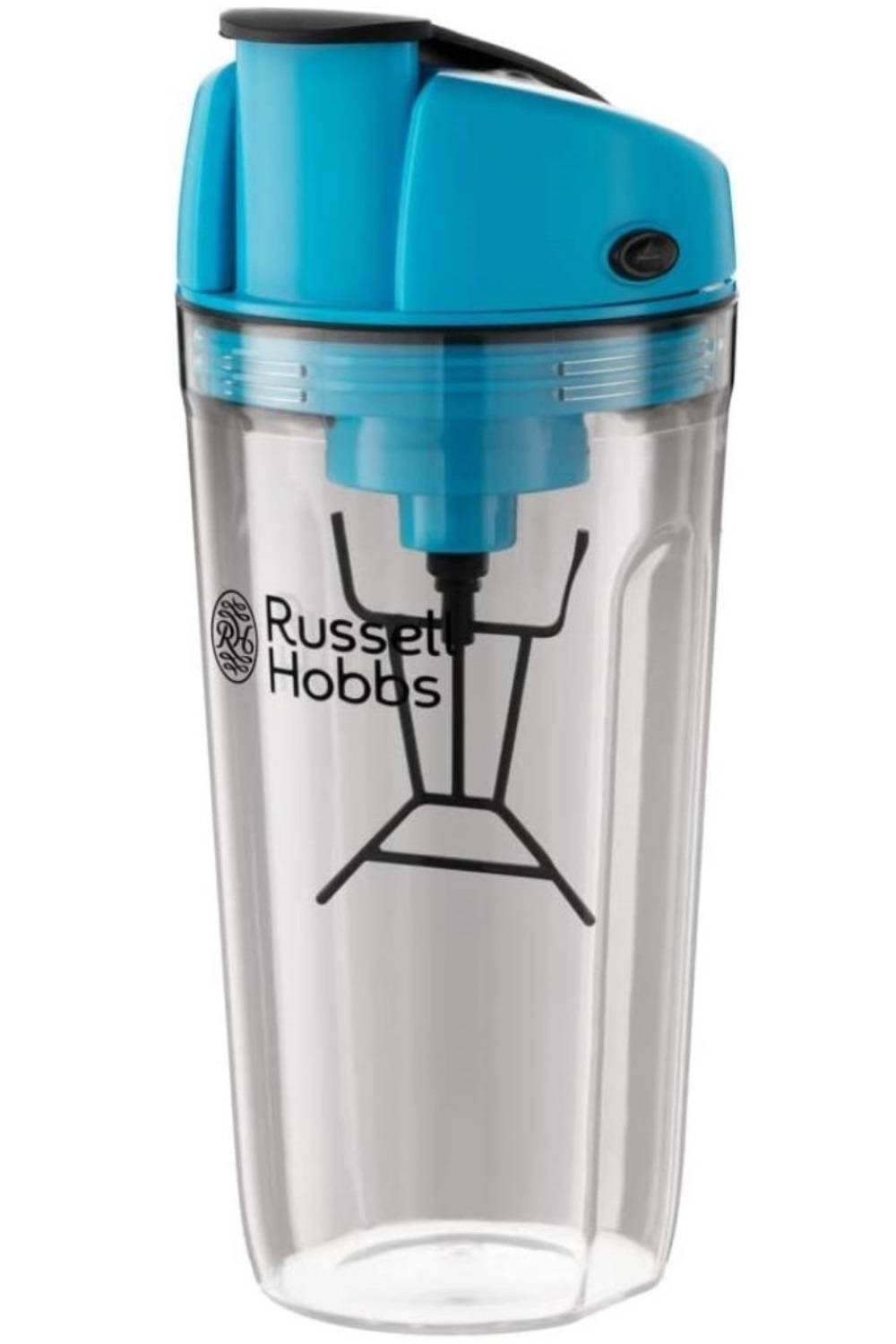 Ein durchsichtiger Mixerbehälter mit blauem Deckel, mit der Markenbezeichnung „Russell Hobbs