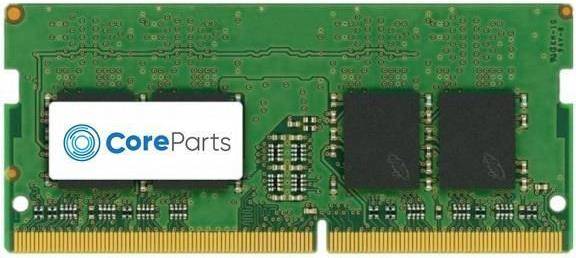 Ein grünes Computer-RAM-Modul mit mehreren sichtbaren Schaltkreisen, mit einem schwarzen Chip und einem Teiletikett mit der Aufschrift 