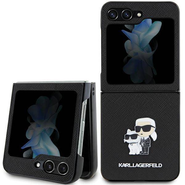 Faltbares Smartphone mit schwarzem Leder-Karl-Lagerfeld-Etui. Die Rückseite zeigt ein Cartoon-Bild von Karl mit einem Hund und verfügt über Doppelkameras.