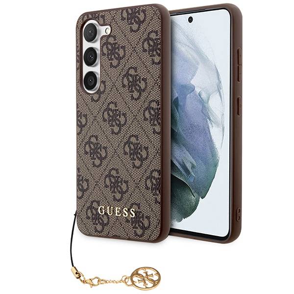 Braunes Guess-Handyhülle mit Monogrammmuster, angebrachtem Handgelenkriemen und sichtbarem Telefonbildschirm. Stilvolles und schützendes Zubehör.