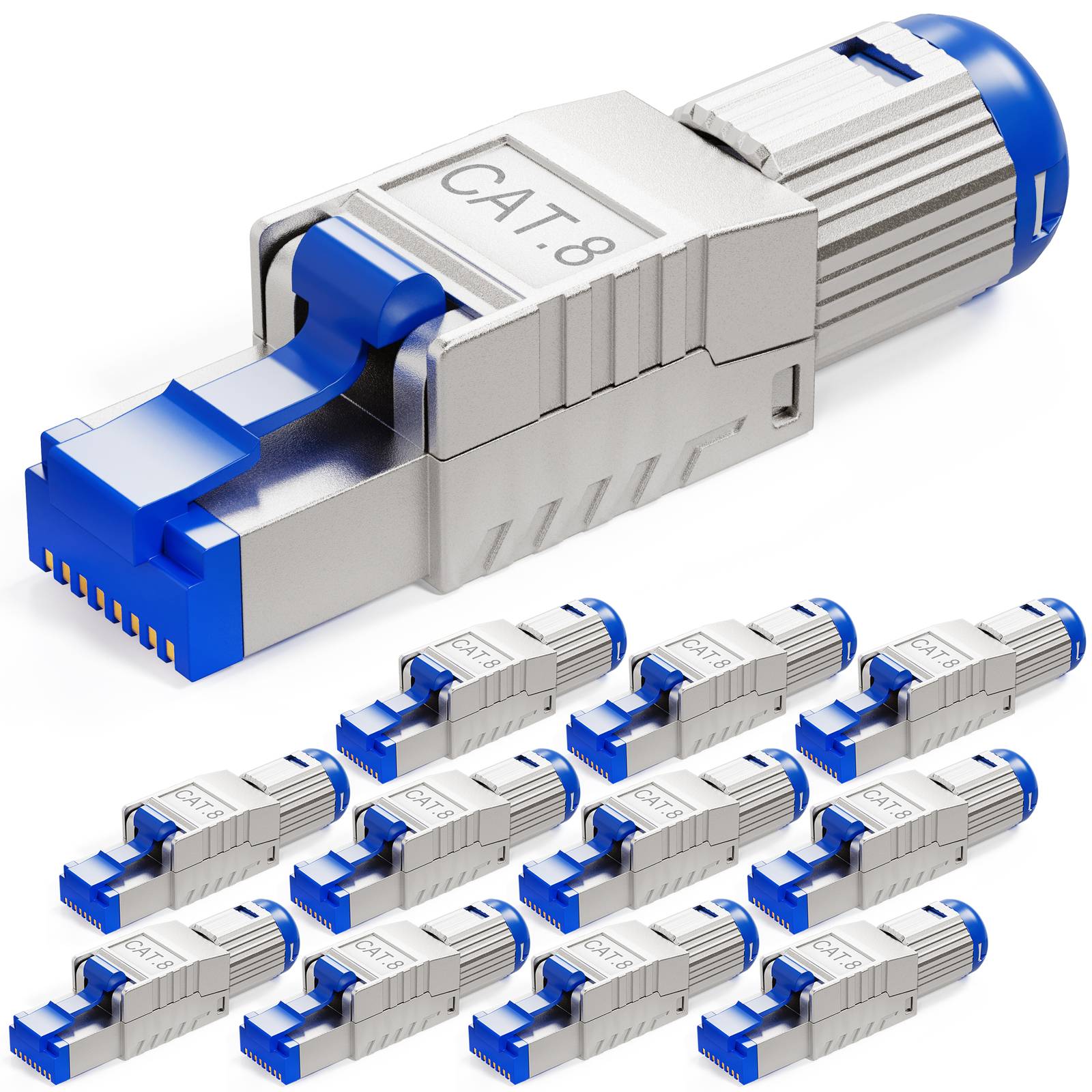 CAT.8-Ethernet-Stecker in einem Muster angeordnet; Silber mit blauen Akzenten, entwickelt für die Hochgeschwindigkeitsdatenübertragung.