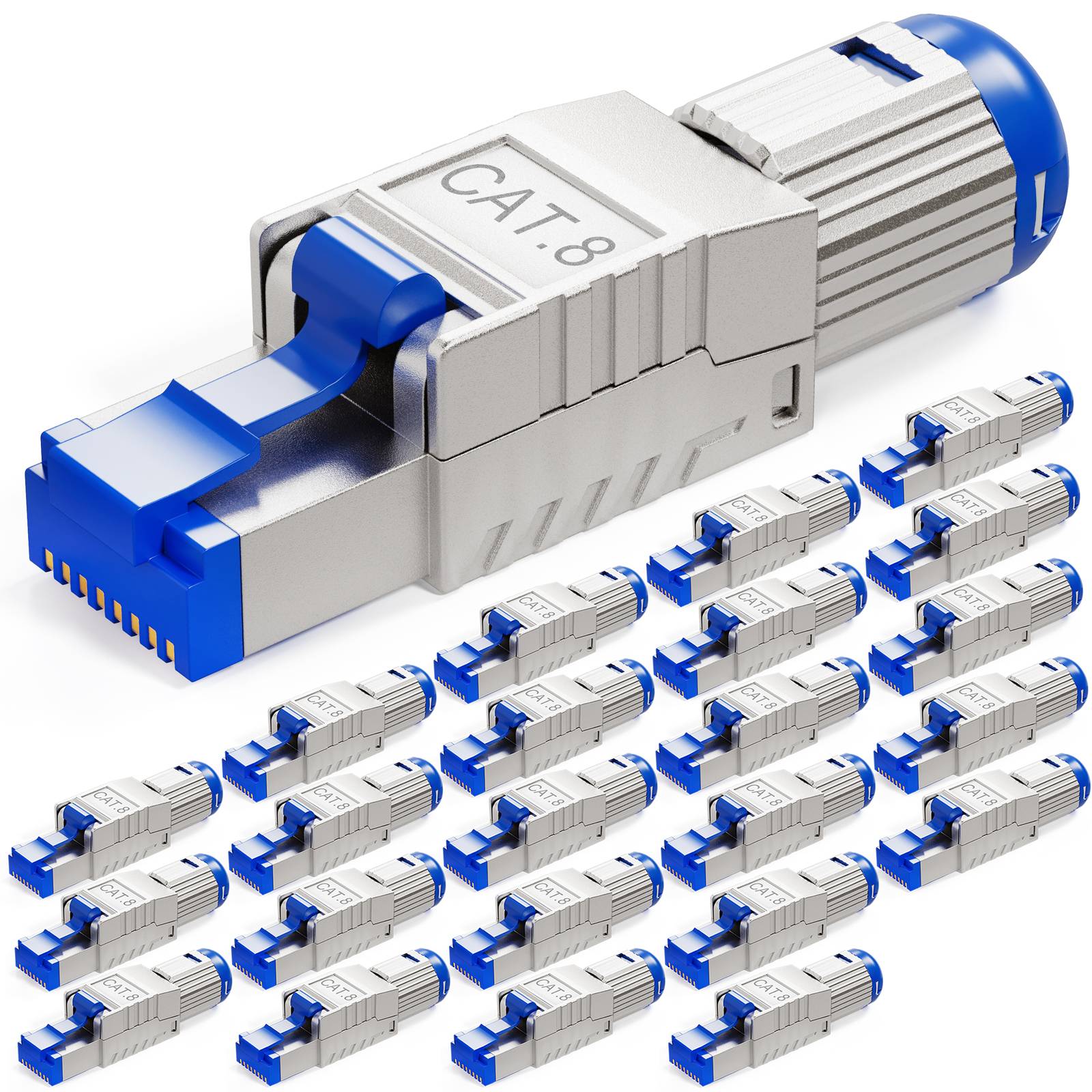 Kategorie-8-Ethernet-Stecker mit silbernen Gehäusen und blauen Akzenten in mehreren Reihen angeordnet, was auf ein Paket mit mehreren Einheiten hinweist.