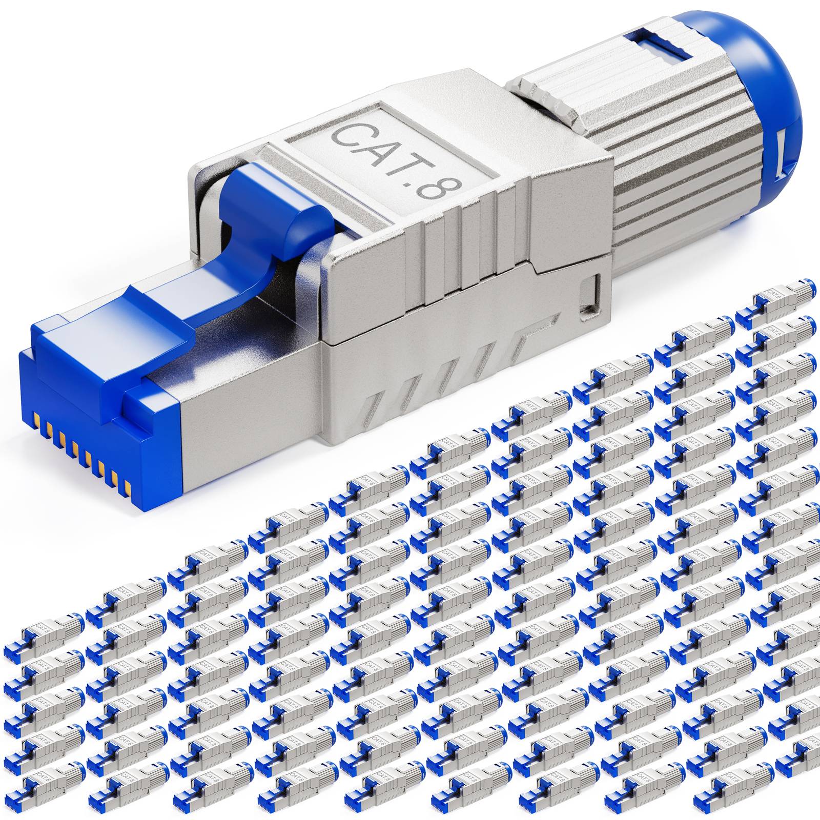 Nahaufnahme eines Cat-8-Kabels mit blauer Spitze, umgeben von mehreren identischen Bildern desselben Kabels, wobei die Konnektivitätsanwendung hervorgehoben wird.