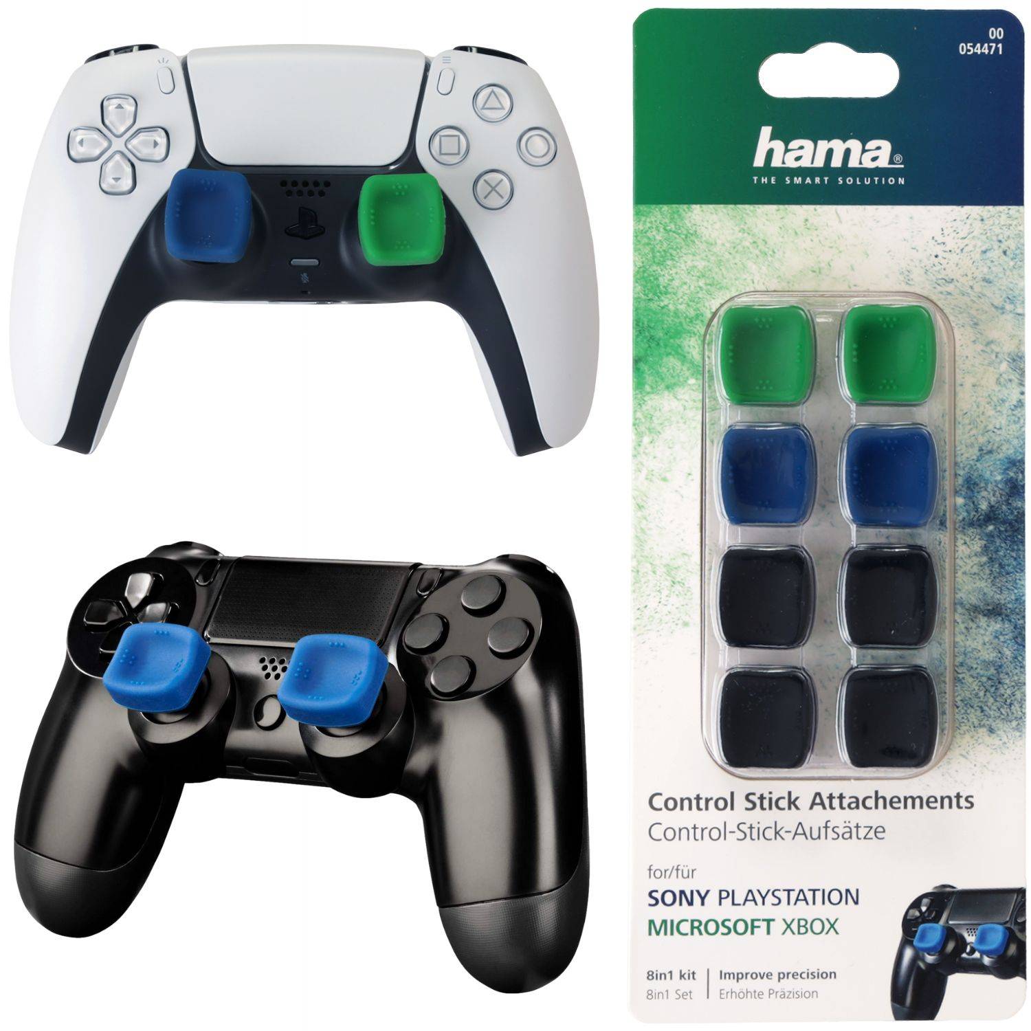 Zwei Gaming-Controller, einer weiß und einer schwarz, mit grünen und blauen Thumbstick-Aufsätzen. Die Verpackung zeigt zwei Sätze von Aufsätzen.