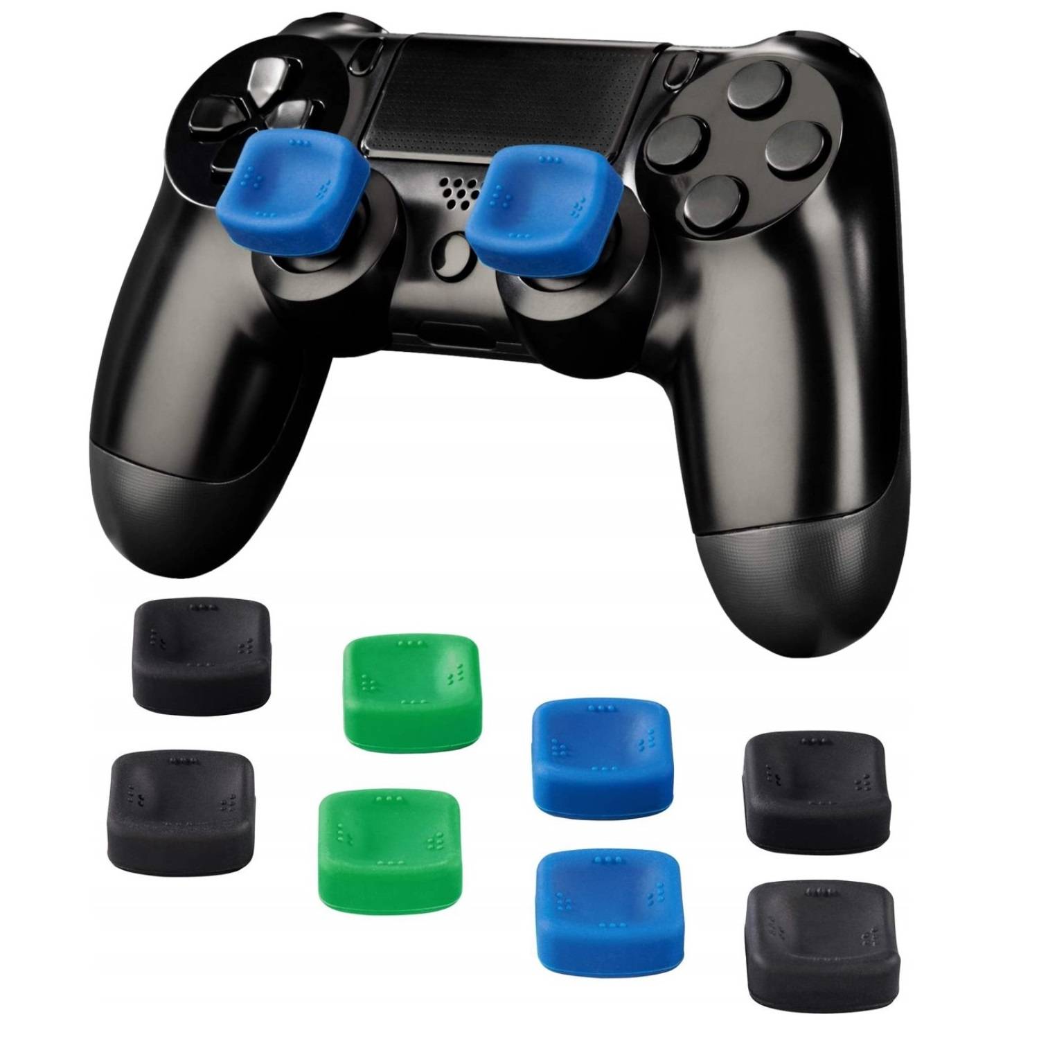 Ein schwarzer Gaming-Controller mit blauen Griffkappen auf den Analogsticks. Zusätzliche Griffkappen in Schwarz, Grün und Blau sind darunter abgebildet.