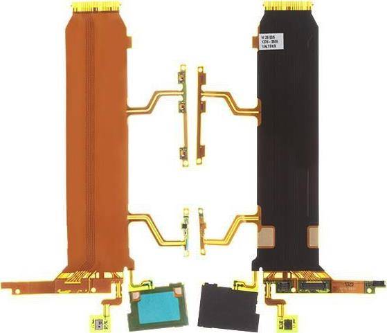 Zwei Flexkabel für ein Laptop-Display, eines braun und eines schwarz, in einer flachen Anordnung dargestellt. Sie enthalten Stecker und Schaltungspfade.