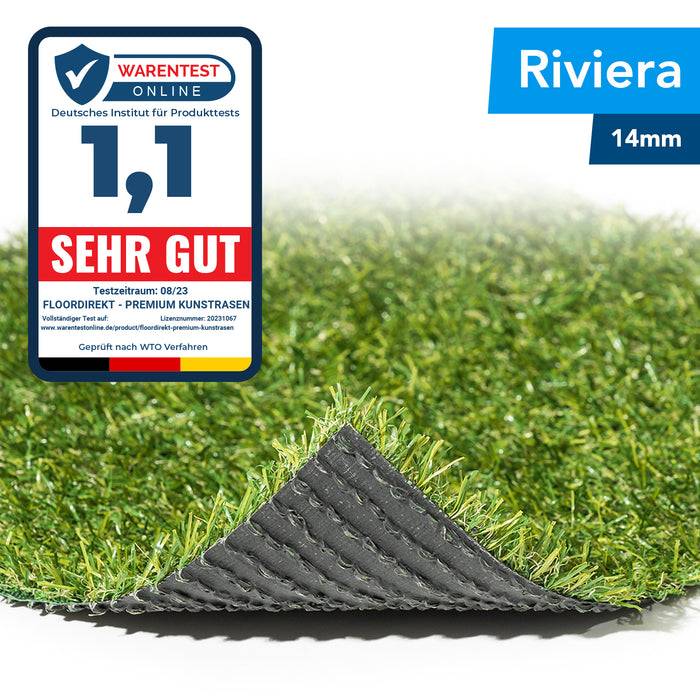 Eine Nahaufnahme von Kunstrasen mit der Bezeichnung „Riviera 14mm